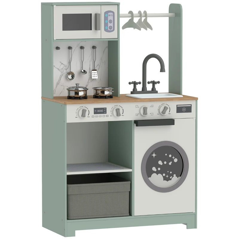AIYAPLAY Cuisine enfant jouet d'imitation, dinette enfant avec cuisinière, évier, micro-ondes, 5 accessoires, vert