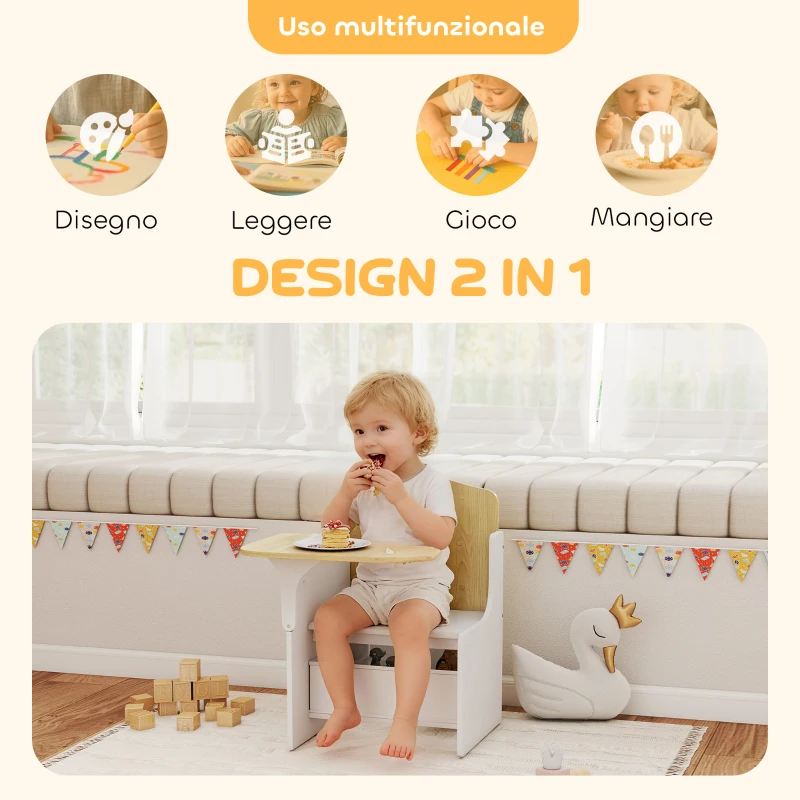 AIYAPLAY Set Tavolo e Sedia per Bambini 3-5 Anni in Legno MDF con Motivi a Cuore, Contenitore Integrato, Bianco
