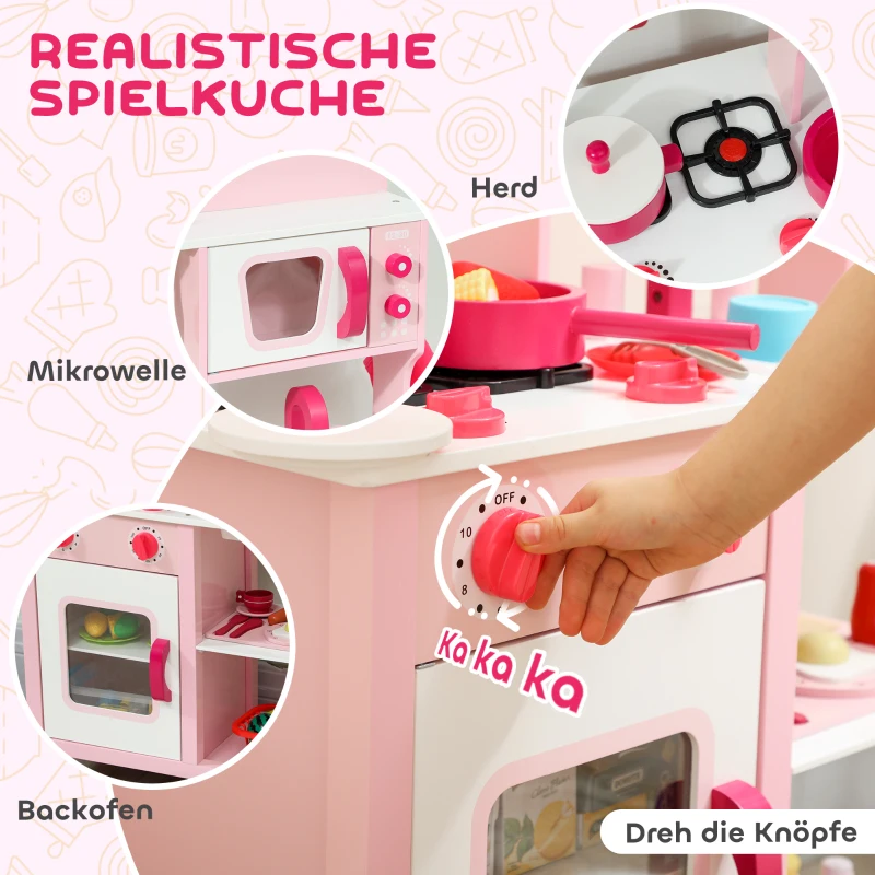 AIYAPLAY Kinderküche zum Spielen, Zubehör aus Holz, Küchengeräte, kompakt, Geräusche, Rosa