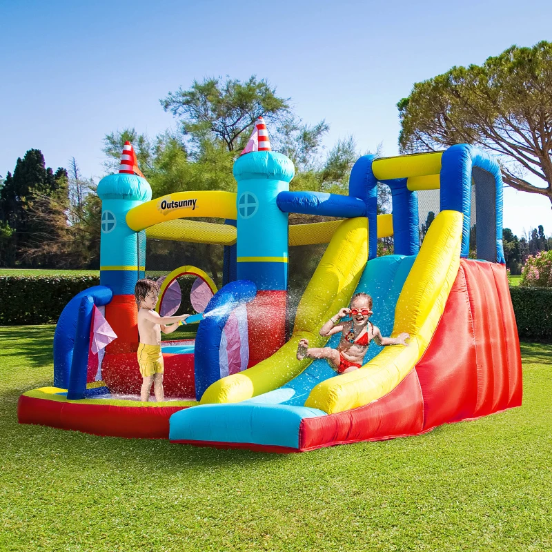 Outsunny Aufblasbare Hüpfburg mit Gebläse Wasserpark für Kinder aufblasbare Rutsche Indoor und Outdoor Kletterwand Trampolin mit Tragetasche für Kinder von 3 bis 8 Jahren 265 x 260 x 200 cm