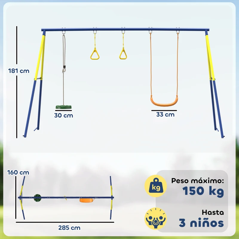AIYAPLAY Columpio Infantil 3 en 1 Columpio Clásico y de Pie y Aros de Gimnasia Carga 150 kg para Niños de 3 a 8 Años Multicolor