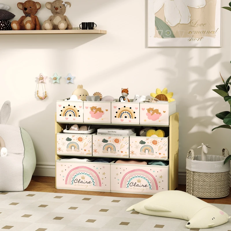 AIYAPLAY Étagère de rangement enfant étagère à 3 niveaux avec 9 boîtes en tissu non tissé 93 x 30 x 70 cm jaune