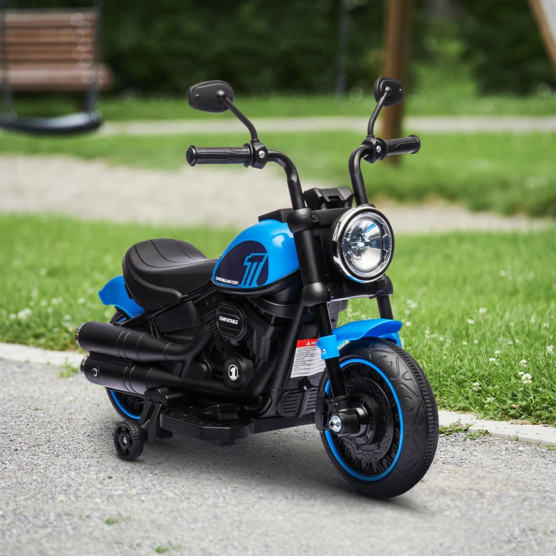 HOMCOM Motocileta Electrica de 6V cu Roti de Antrenament, Motocicleta Electrica Alimentata cu Baterii pentru Baieti si Fete, cu un Singur Buton de Pornire, Pedala, Far, pentru 18-36 luni, Albastru