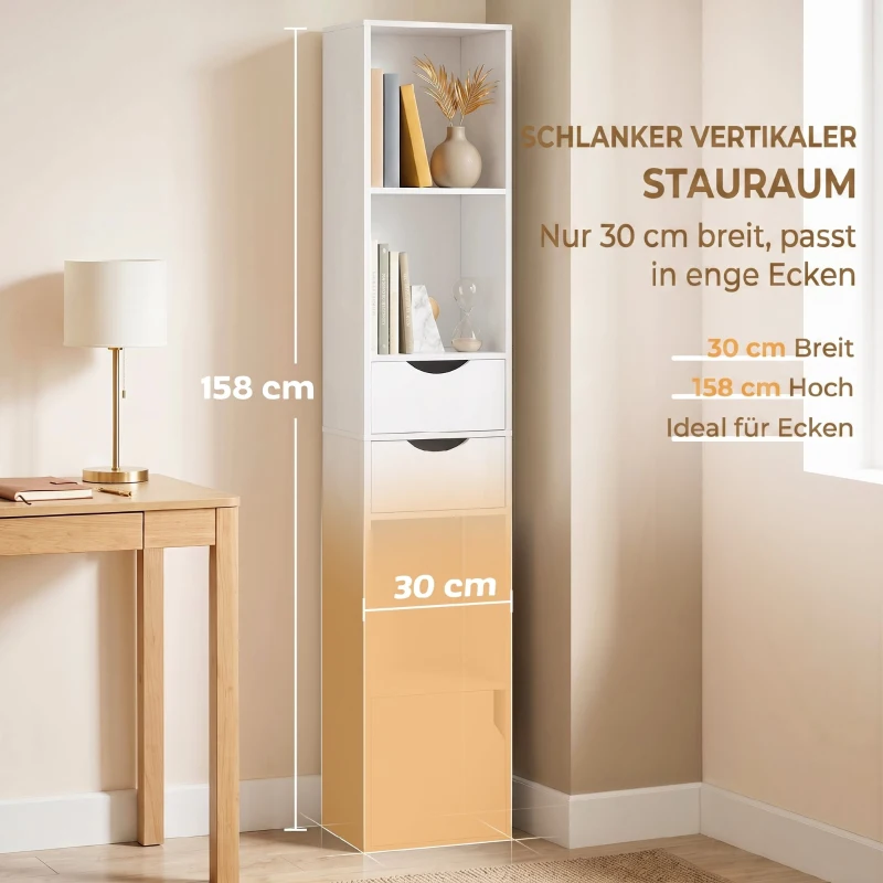 HOMCOM Regał na książki z 2 szufladami, wąska szafka z 3 otwartymi półkami, do biura, sypialni 30x24x158cm Biały