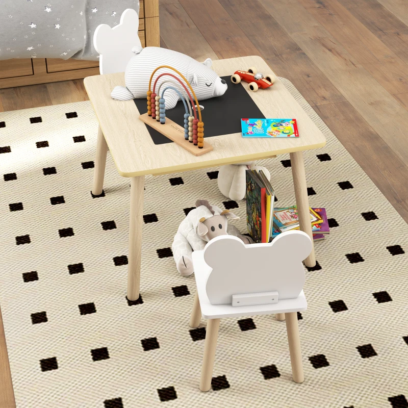 AIYAPLAY Kindertafel met 2 Stoelen, Kinderspeelset met Opbergruimte en Berenvormige Rugleuning voor Kinderen van 3-6 Jaar, Natuurhout
