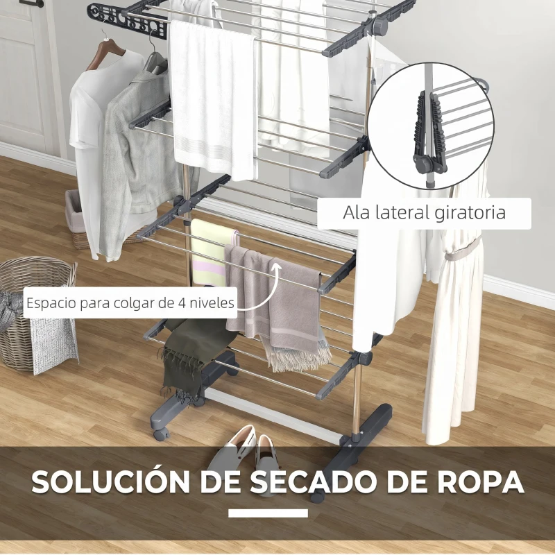 HOMCOM Tendedero Vertical de 4 Niveles con Ruedas 2 Laterales Abatibles Estantes Ajustables y Marco de Acero Gris y Plata