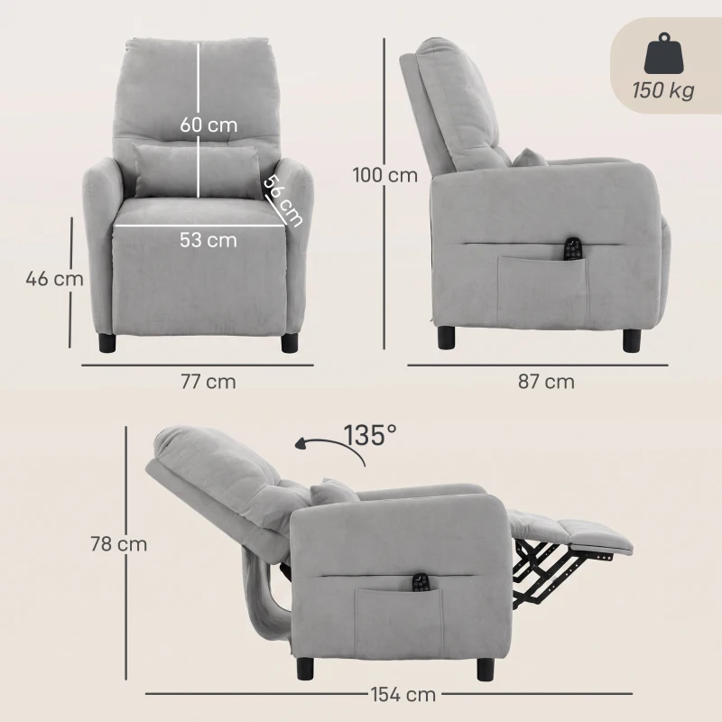 HOMCOM Fauteuil Inclinable de Massage par Vibration et Chauffage, Fauteuil de Relaxation en Tissu Éponge Bouclé, Gris