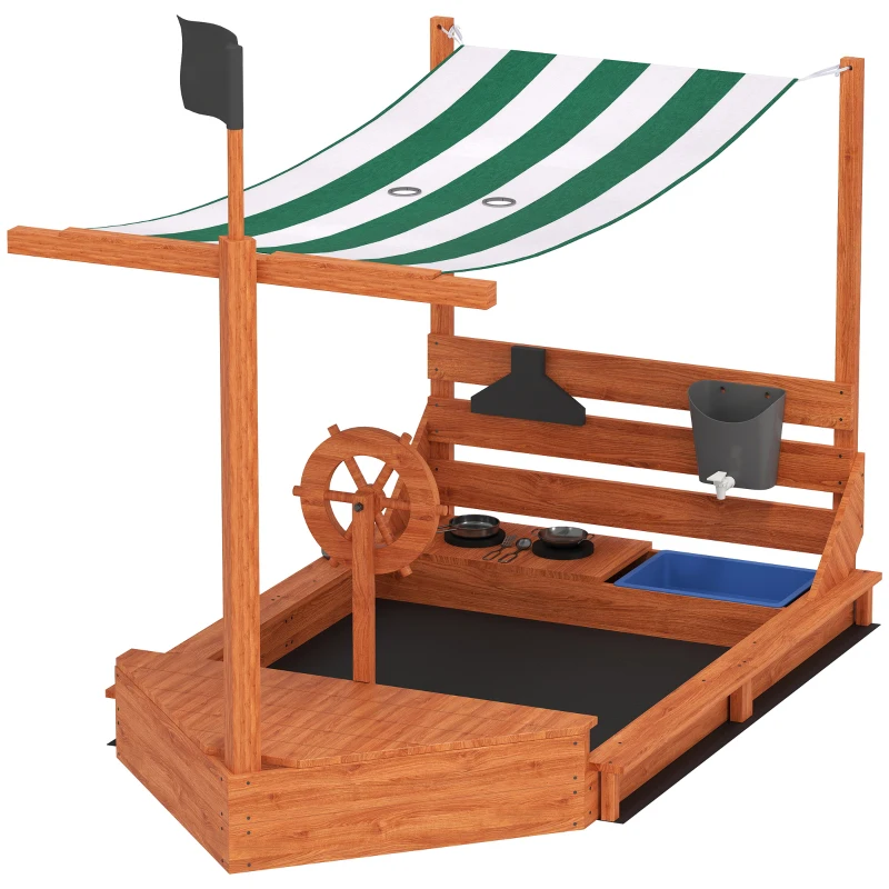 Outsunny Zandbak met Zonnedak Piratenschip, incl. Keukenspeelset voor Kinderen, Massief Hout, 180 x 103 x 144,5 cm, Oranje