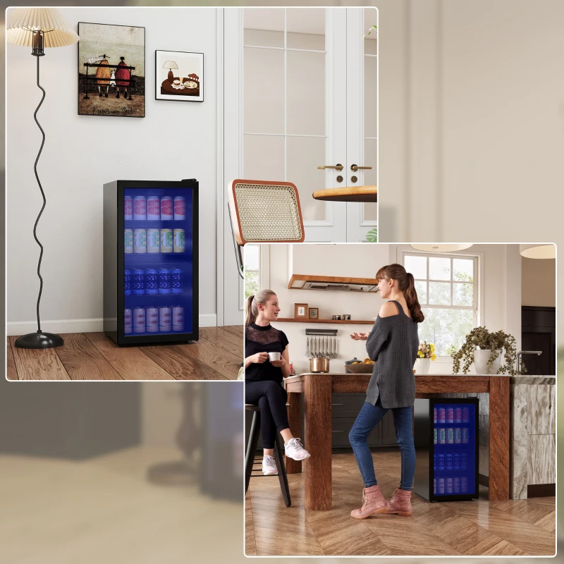 HOMCOM Mini koelkast 93 L koelbox met glazen deur, verstelbare planken, LED, temperatuurregeling, 47,2 x 43,7 x 83,3 cm Zwart