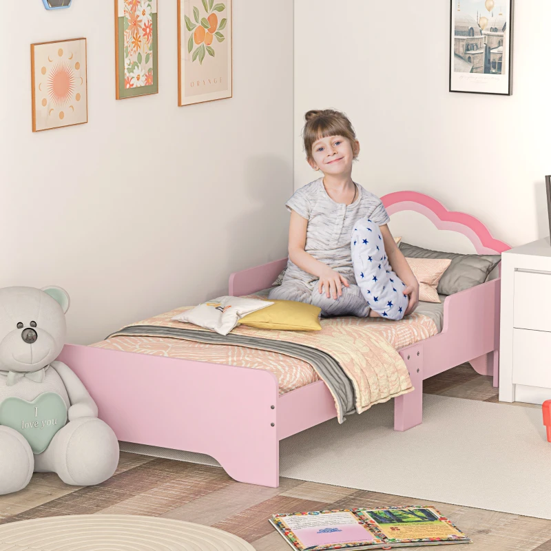 ZONEKIZ Cama para Crianças 70x140 cm com Barreira Antiqueda e Estrado Cama Infantil com Cabeceira em Forma de Nuvem Rosa