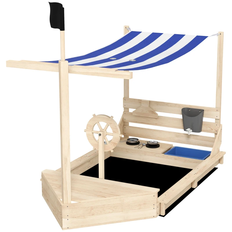 Outsunny Arenero Infantil con Toldo Volante Juguetes de Cocina y Forma de Barco Pirata para Patio Jardín 180x103x144,5 cm Natural