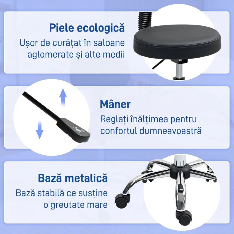 HOMCOM Taburet cu Roți, Rotativ 360°, Reglabil pe Înălțime, Piele Ecologică, Metal, 46x51x78-93 cm, Negru