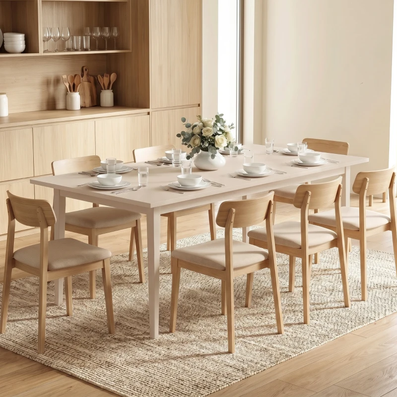 HOMCOM Eettafel voor 8 personen, moderne keukentafel met massiefhouten poten, 180 cm, crème
