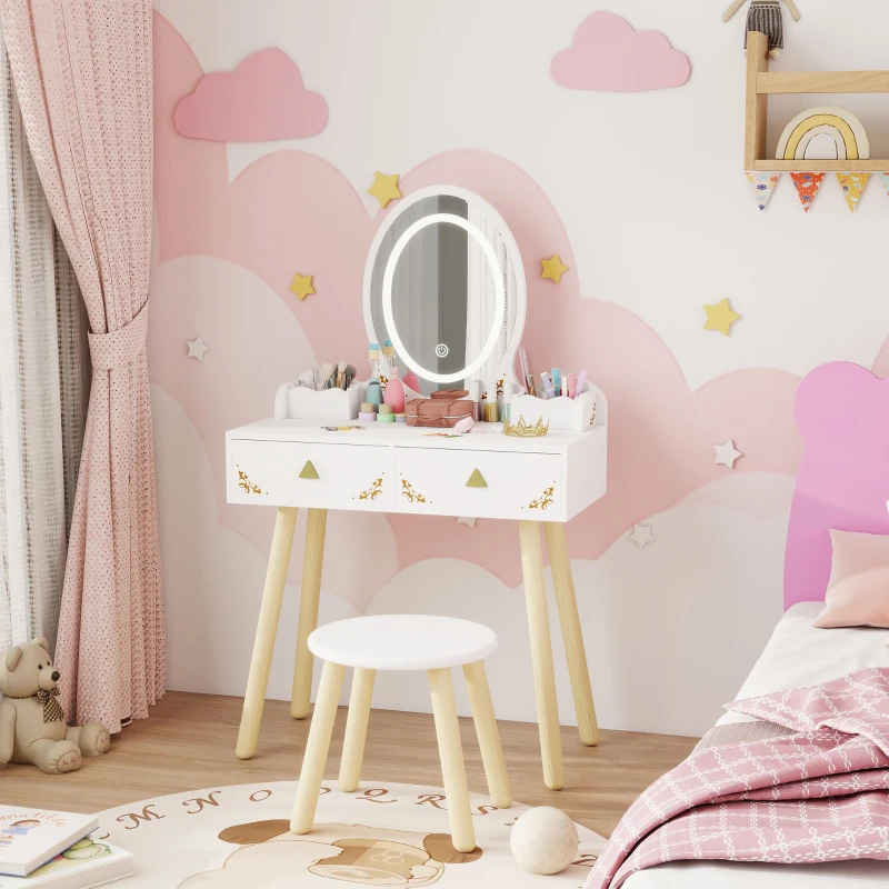 AIYAPLAY Kids Vanity Table and Chair Set with 3-Colour LED Lights Mirror, Drawer, Storage Boxes, for 3+ Years, White
