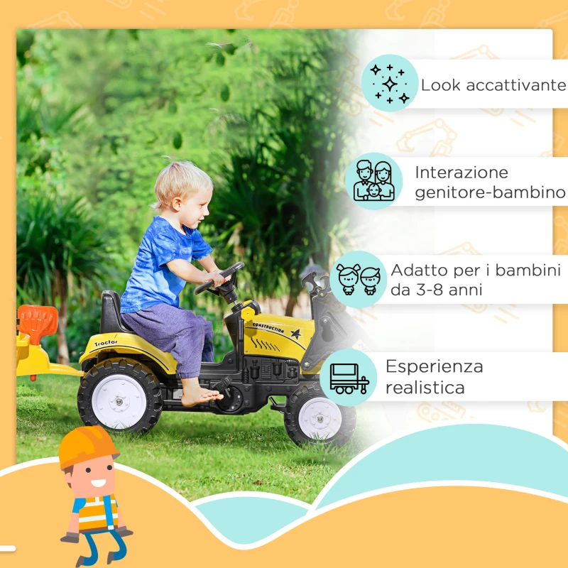 HOMCOM Escavatore a Pedali per Bambini da 3 Anni con Ruspa Frontale, Rimorchio e 6 Ruote, Giallo