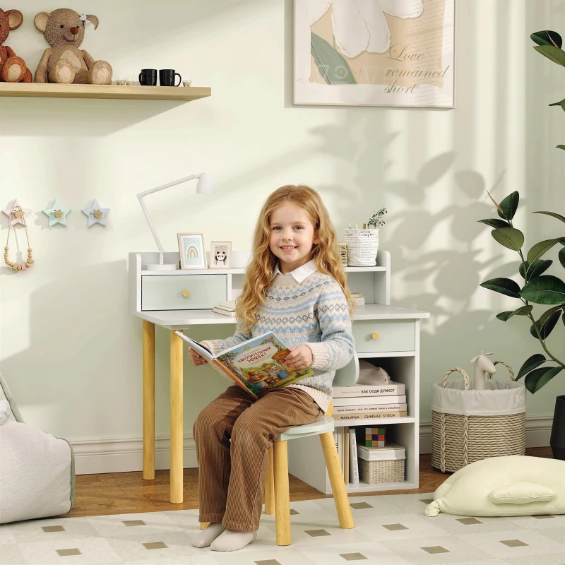 AIYAPLAY Two-Piece Children Study Table with Hutch, Kids Desk and Chair Set with Storage, Drawer, Shelves, Green