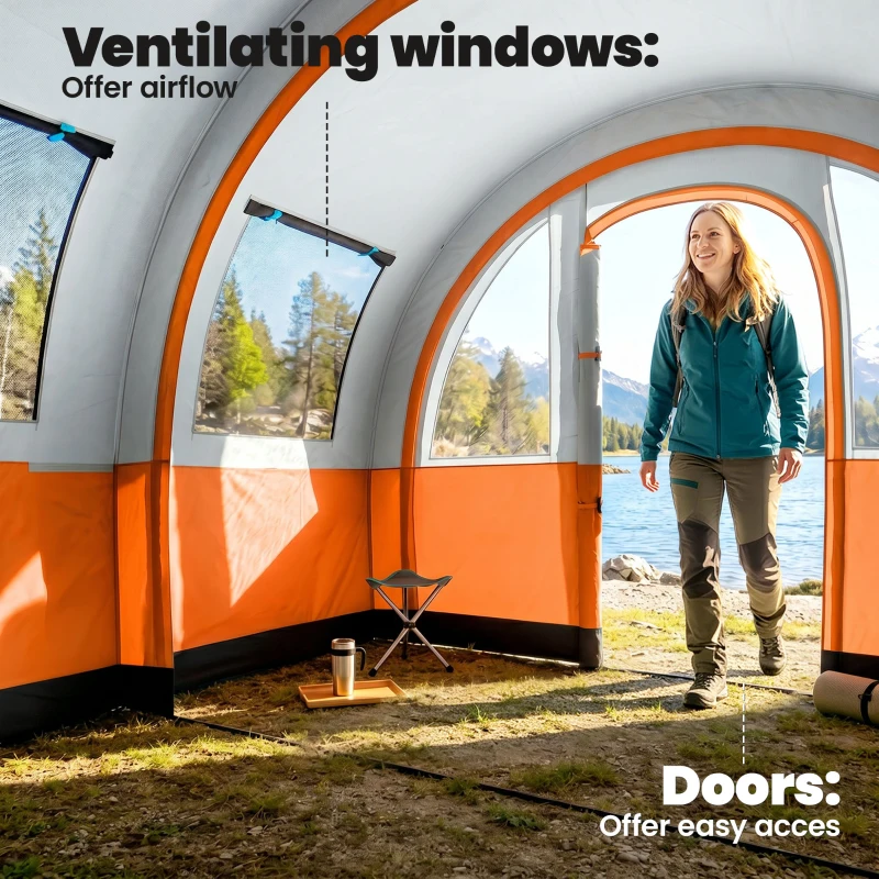 Outsunny Three Man Duo Room Tunnel Tent, with Accessories - Cream/Orange
