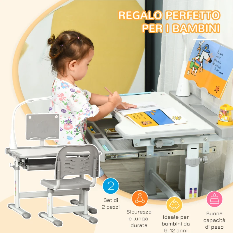 HOMCOM Banco Scuola con Sedia per Bambini 6-12 Anni con Altezza e Inclinazione Regolabile, Grigio
