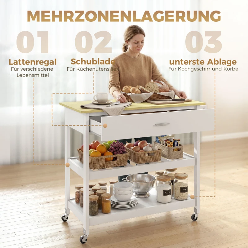 HOMCOM Küchenwagen mit Stauraum, Rollende Kücheninsel mit großer Arbeitsplatte, Schublade, 2 offenen Regalen, Handtuchhalter, Weiß