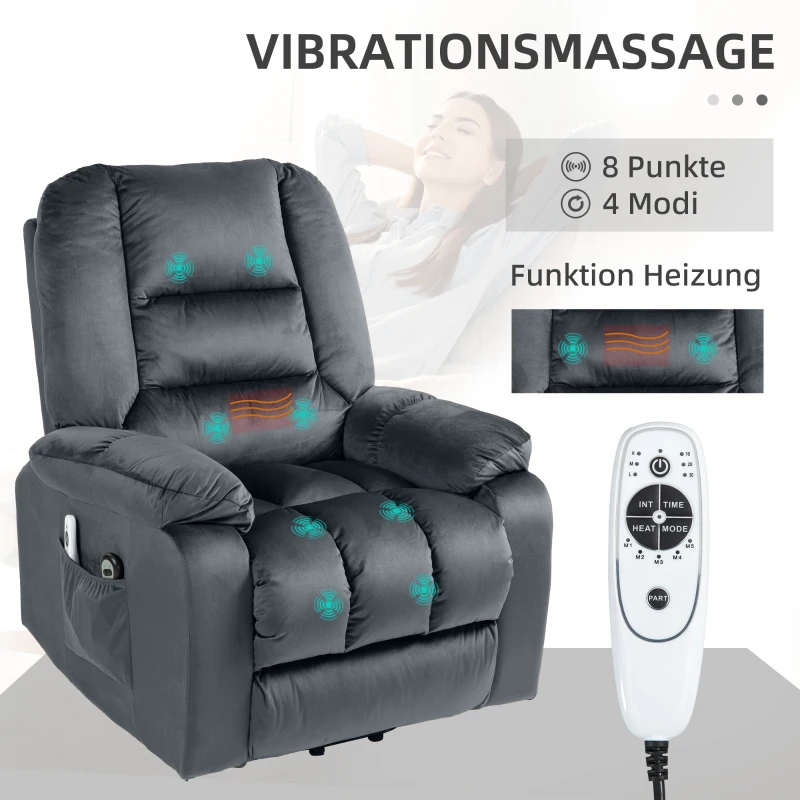 HOMCOM Massagestoel met opsta-hulp seniorenfauteuil relaxfauteuil, 8 massagepunten, 2 zijzakken, 85 cm x 94 cm x 107 cm, Grijs(m-5)