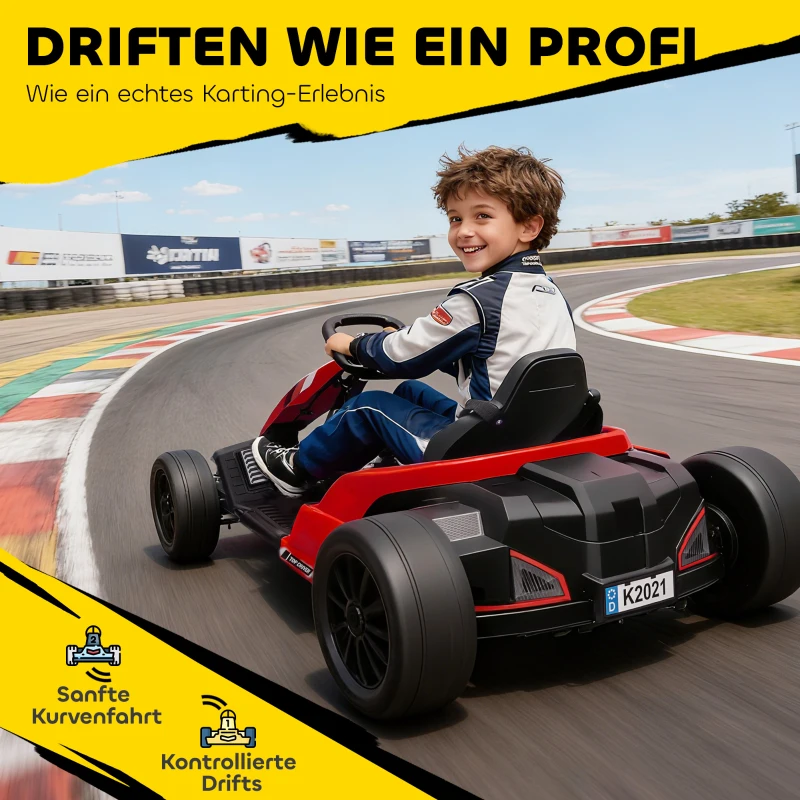 AIYAPLAY 24V Elektrisches Go-Kart, Drift-Modus, verstellbarer Sitz, 5-Punkt-Sicherheitsgurt, Musikfunktion, 6-12 Jahre Rot
