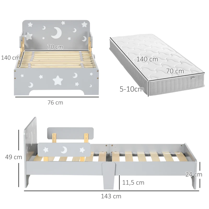 ZONEKIZ Lit pour enfants de 3 à 6 ans design étoiles et lune sommier à lattes inclus chambre moderne 143 x 76 x 49 cm gris