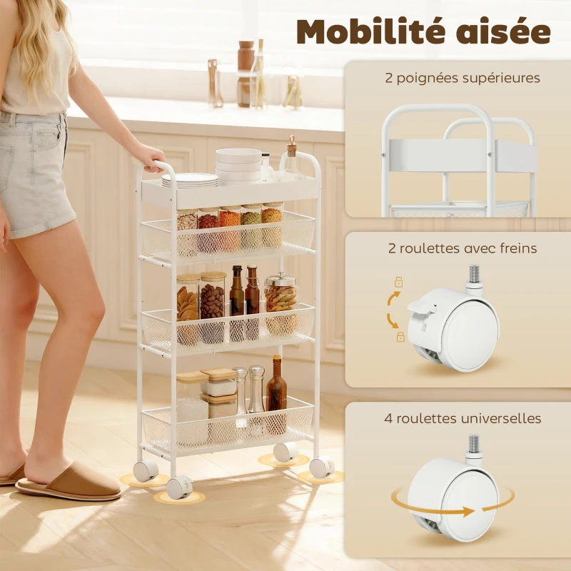 HOMCOM Chariot de rangement à 4 niveaux, desserte à roulettes, 3 paniers coulissants, panier supérieur 19 x 43,2 x 80 cm blanc