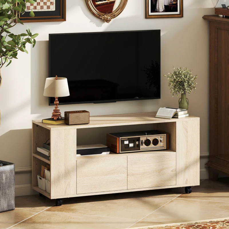 HOMCOM Meuble TV sur roulettes 102 cm, meuble télé pour téléviseur jusqu'à 42 pouces, 2 tiroirs, compartiments ouverts, naturel(m-8)
