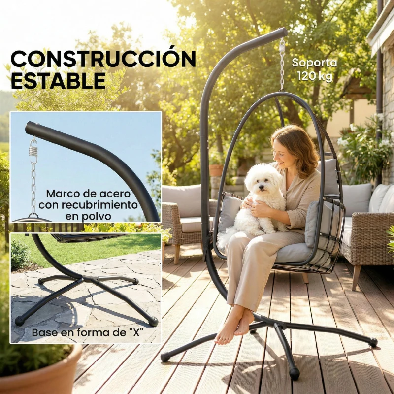 Outsunny Silla Colgante Huevo con Soporte Cesta Plegable Reposacabezas Cojín Bolsillo Lateral Carga 120 kg Gris Oscuro