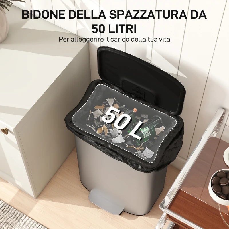 HOMCOM Pattumiera a Pedale da 50L con Coperchio Ammortizzato, Apertura a 90° e Secchio Rimovibile, Acciaio Inox, Grigio
