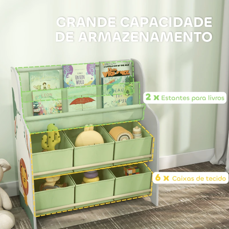 AIYAPLAY Estante Infantil para Brinquedos com 6 Caixas de Tecido Não Tecido Organizador de Brinquedos com 2 Prateleiras 63x30x71 cm Verde