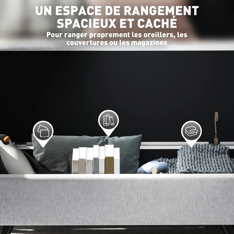 HOMCOM Banc de rangement 53,8L avec siège rembourré en lin et accoudoirs, pour salon, chambre, entrée, 132 x 42 x 50 cm, gris