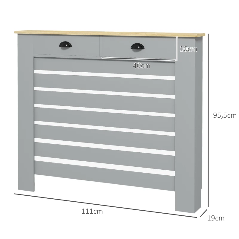 HOMCOM Copritermosifone in MDF a Doghe, Copricalorifero a Griglia con 2 Cassetti, 111x19x95.5 cm, Grigio