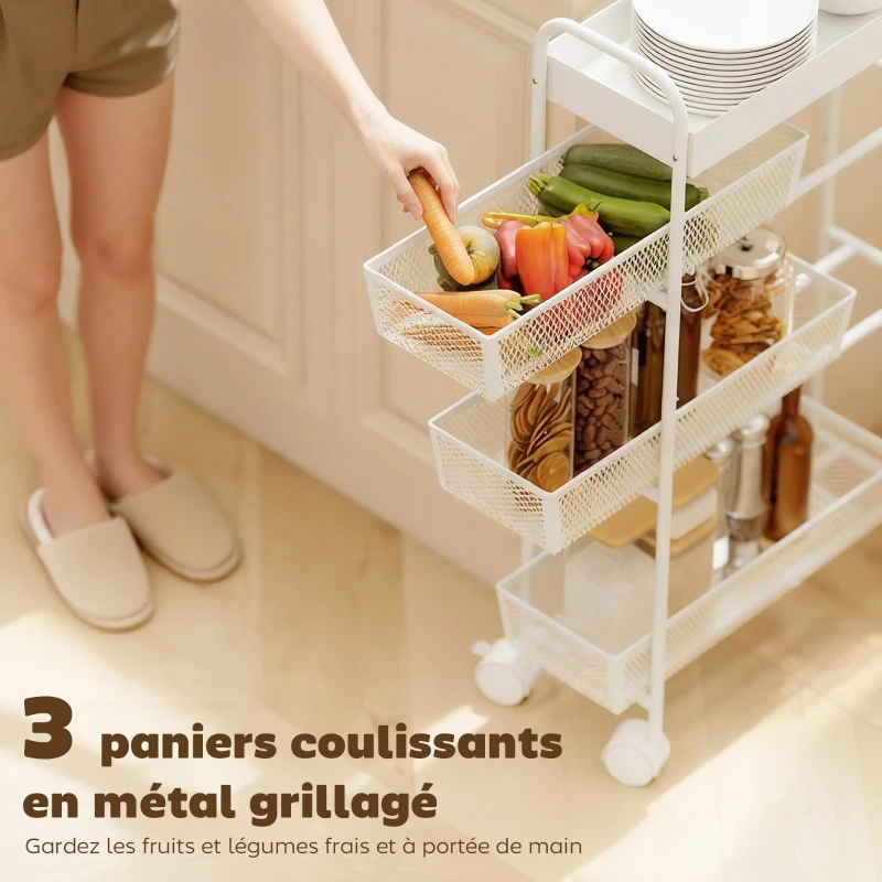 HOMCOM Chariot de rangement à 4 niveaux, desserte à roulettes, 3 paniers coulissants, panier supérieur 19 x 43,2 x 80 cm blanc