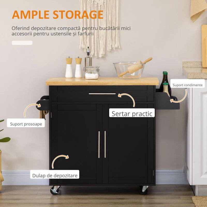 HOMCOM Cărucior de bucătărie Servierwagen Insula de bucătărie, 1 Suport pentru condimente, 1 Suport pentru prosoape, 109 cm x 40 cm x 89 cm, Negru