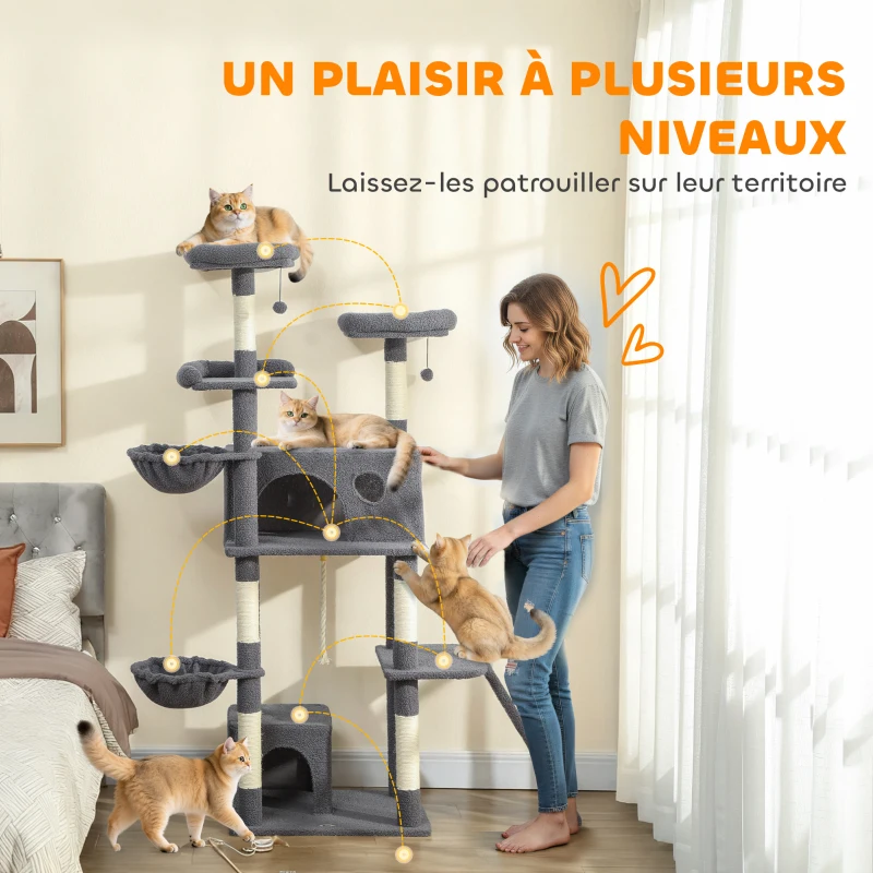 PawHut Arbre à chat tour de jeux pour chat avec griffoir 3 lits 2 niches plateformes et 3 jouets suspendus hauteur 174 cm gris