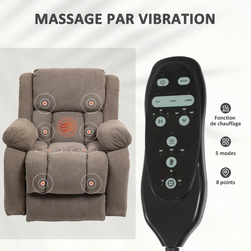 HOMCOM Fauteuil releveur électrique massage et chauffage avec repose-pied, dossier inclinable, télécommande et poche latérale(m-5)