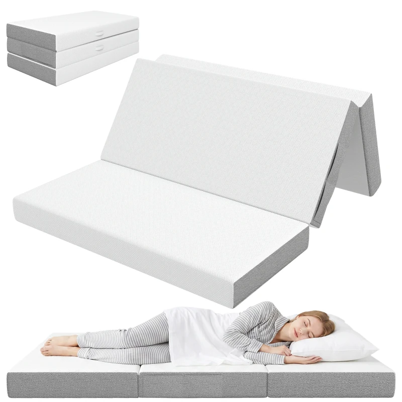 HOMCOM Matelas Pliant en 3 Parties, 140x190x15cm, Matelas d'Appoint en Mousse à Mémoire de Forme au Gel, Blanc