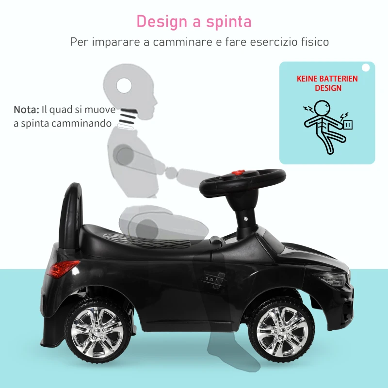 HOMCOM Macchinina per Bambini Cavalcabile con Volante, Fari e Musiche Integrate, in PP e Metallo, 63.5x28x36 cm, Nero
