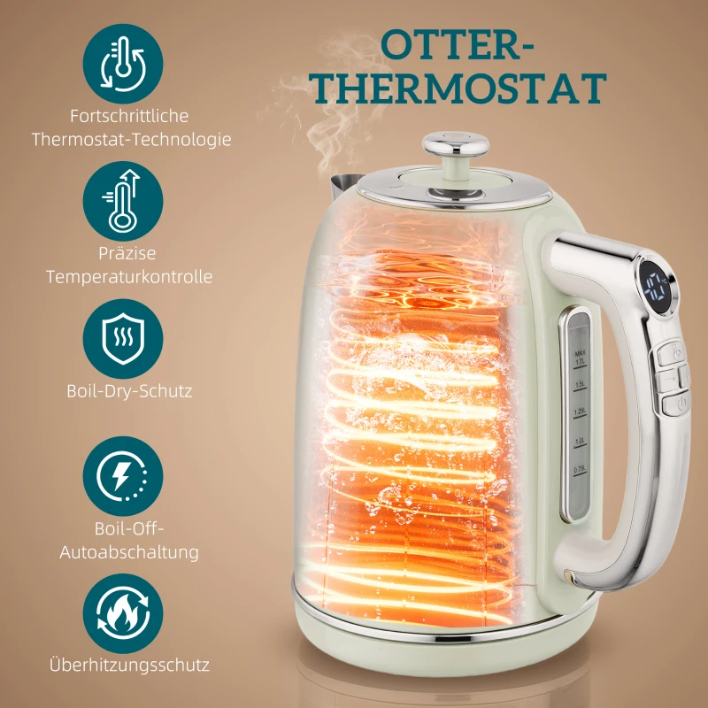 HOMCOM Waterkoker- en Broodrooster-set, LED-display, 1,7 liter, 2200W, Retro-design, Memory-functie, Grijs(m-4)