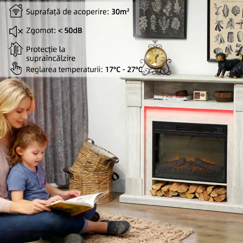 HOMCOM Șemineu Electric 1800W Reglabil cu Flacără 3D, Raft, Timer și Telecomandă, 105x27x97 cm, culoare Lemn