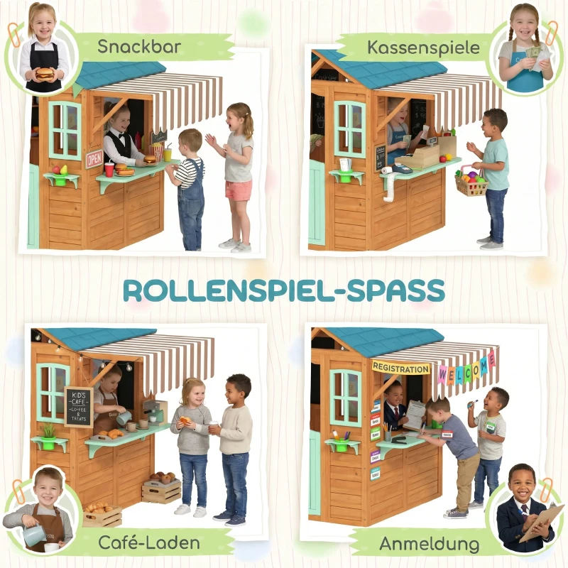 AIYAPLAY Outdoor Kinderspielhaus mit Verkaufstheke Pflanzenkasten Kreidetafel Zieltuch 4 Ball 142 x 120 x 141,5 cm Mehrfarbig