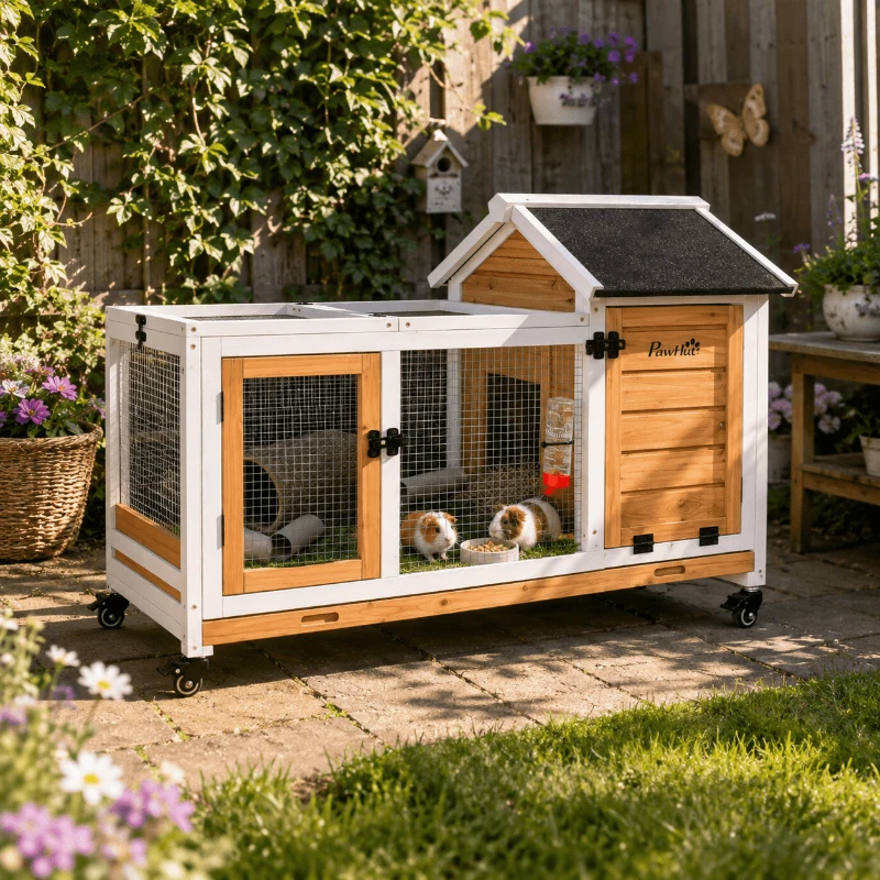 PawHut Konijnenhok voor Dwergkonijnen, Cavia's, met Wielen, 108 x 58 x 73,5 cm, Geel(m-2)
