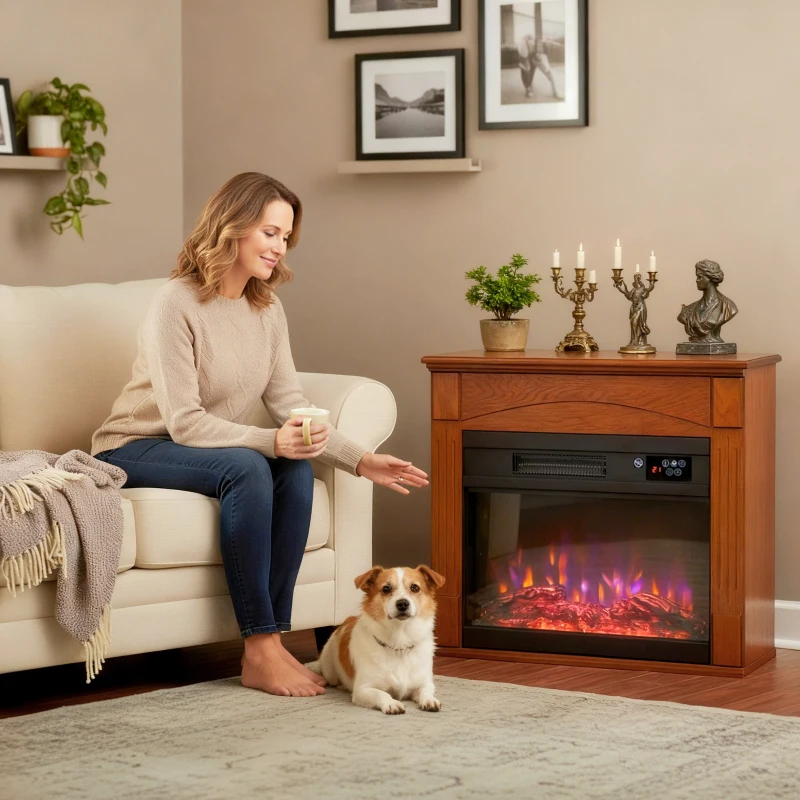 HOMCOM Cheminée électrique 1000W/2000W, fausse cheminée effet flamme 3D à 6 couleurs et 3 luminosités, 68,5x27,5x63cm, marron
