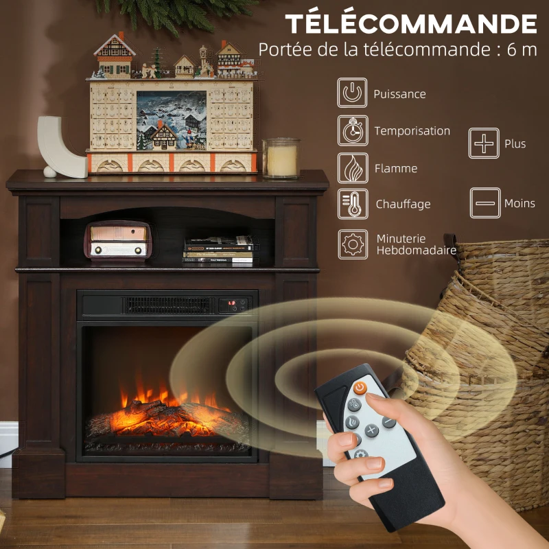 HOMCOM Cheminée électrique effet flammes LED luminosité réglable avec télécommande - 1800 W - 80,5 x 32,3 x 80,5 cm