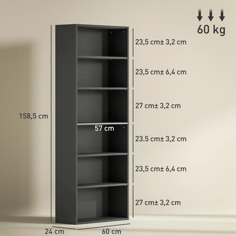 HOMCOM Bibliothèque étagère de rangement 6 niveaux avec étagères réglables pour salon, chambre, bureau, 60x24x158,5cm, noir