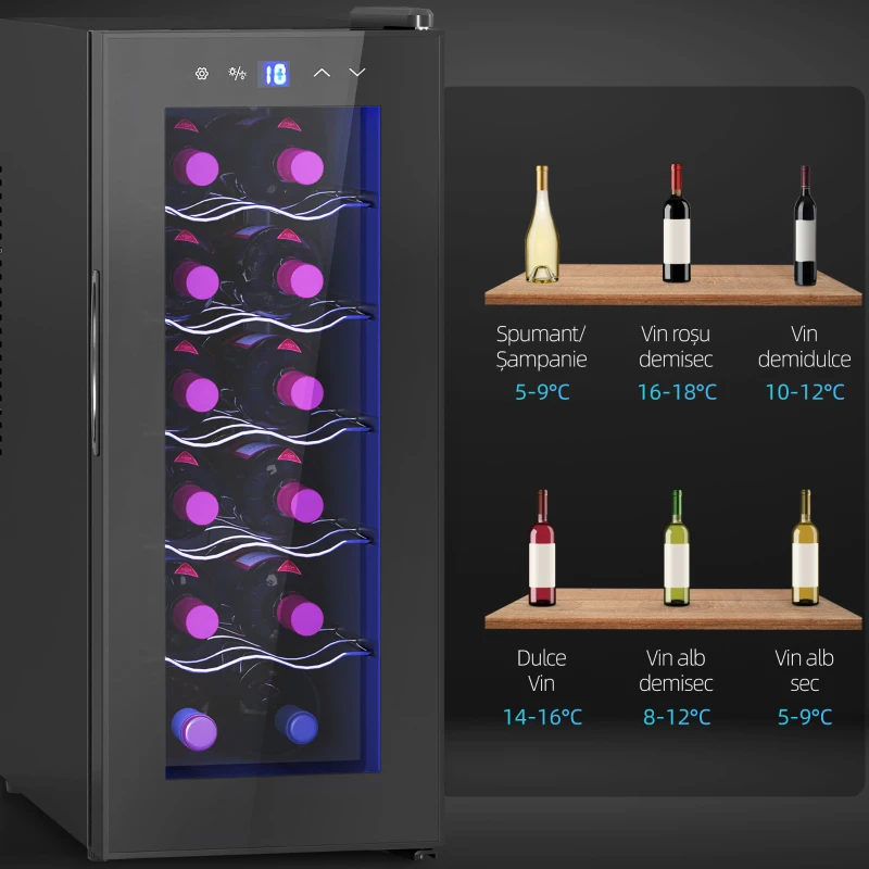 HOMCOM Frigider pentru 12 sticle cu Control Dublu al Temperaturii, Rafturi Reglabile și Iluminare, Negru