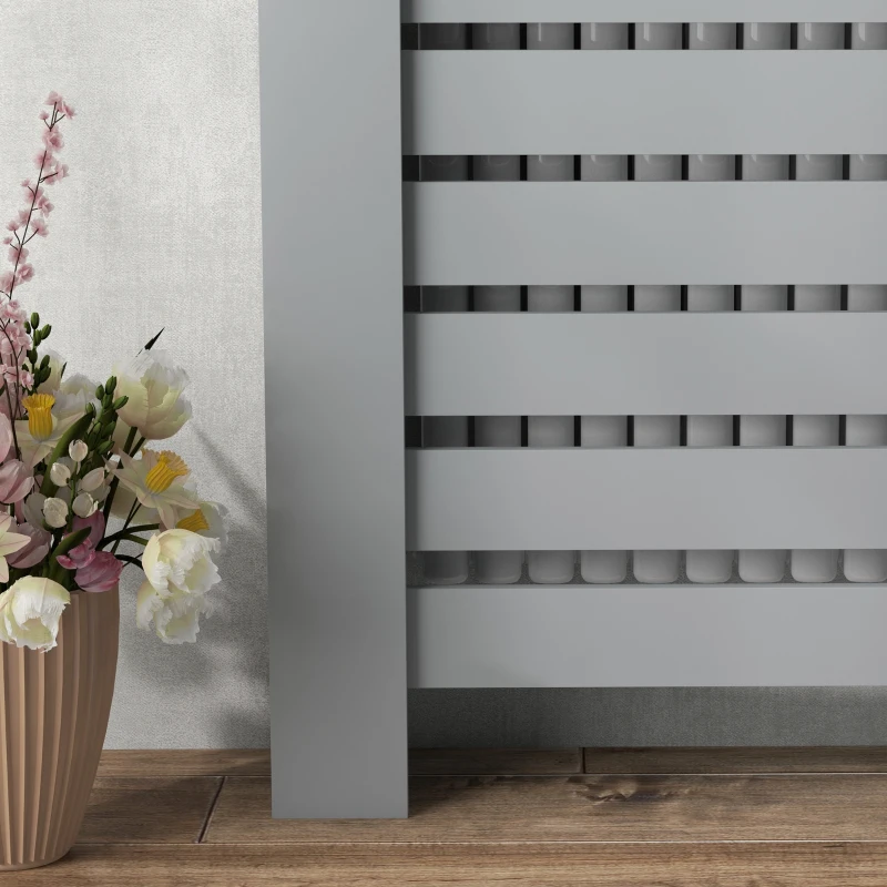 HOMCOM Copritermosifone in MDF a Doghe, Copricalorifero a Griglia con 2 Cassetti, 111x19x95.5 cm, Grigio