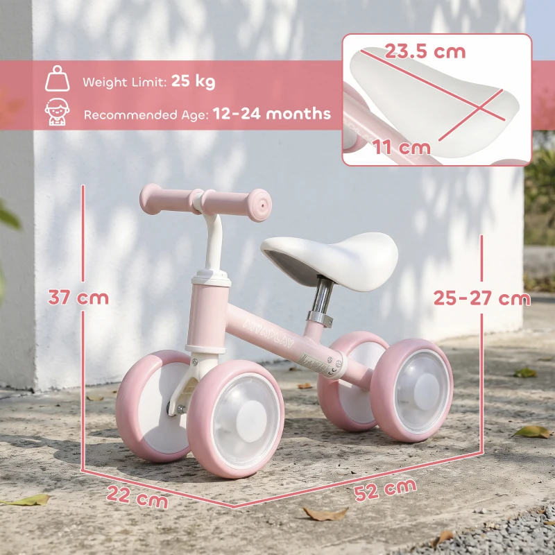 AIYAPLAY Bicicleta sem Pedais para Bebé 1-2 Anos, 4 Rodas Luminosas, Assento Regulável, Direção Limitada, Pneus EVA Silenciosos, 52x22x37cm, Rosa