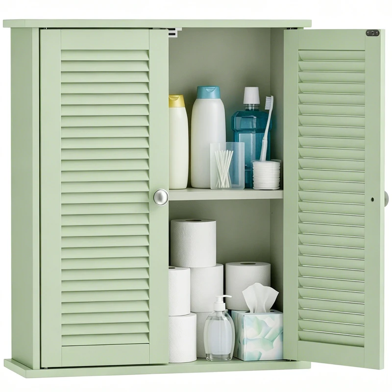 HOMCOM Armoire murale de salle de bain, meuble de rangement suspendu avec 2 portes persiennes et étagère réglable, vert